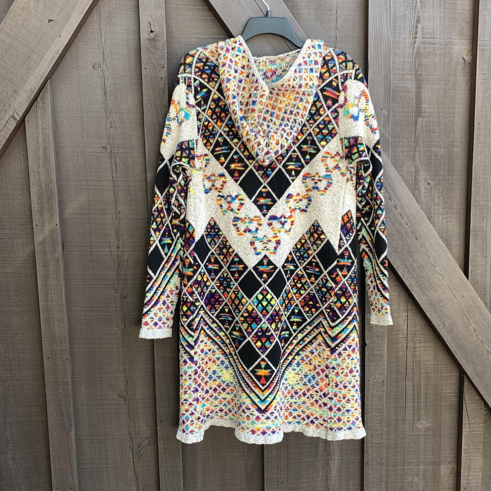 Boho Aztec Hooded Cardigan Sweater Open Front Long Knit Multicolor Size M - Picture 14 of 14